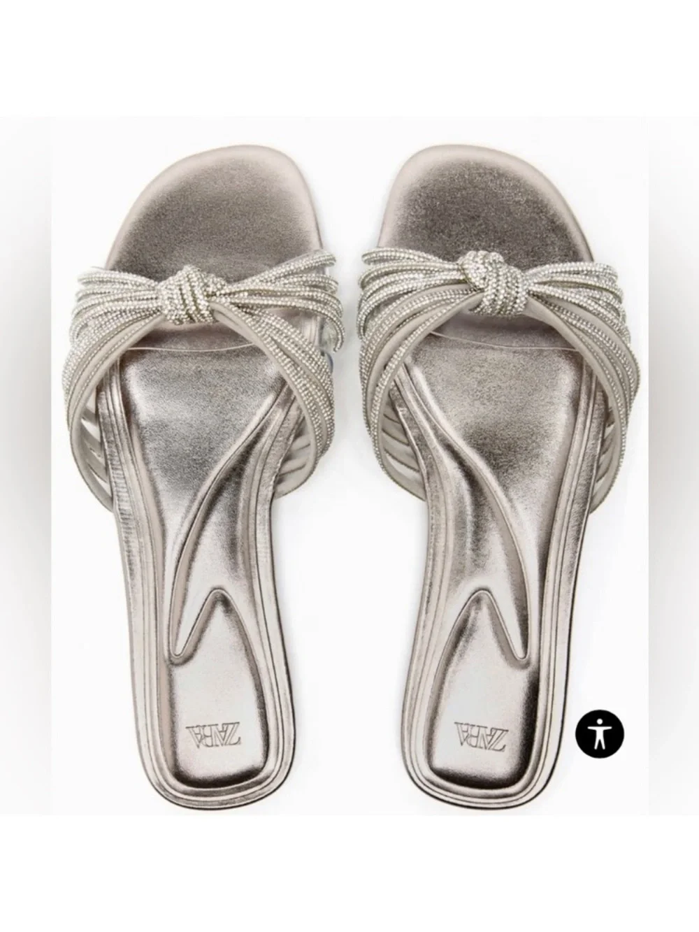 ZARA Silver Rhinestone Crystal Open Toe Flat Slide Sandals - Picture 2 of 14